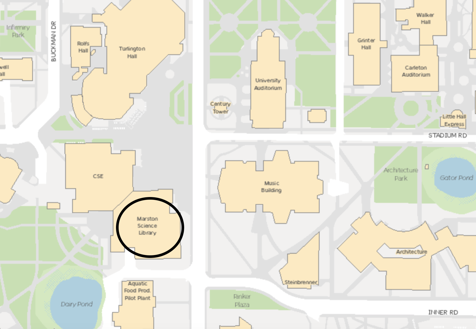 Map of UF Campus, with Marston Science Library Circled