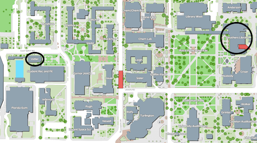 Partial map of campus with meeting locations circled